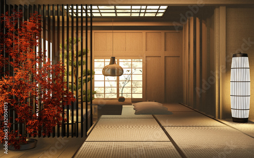 Living room wood  japanese interior design.3D rendering