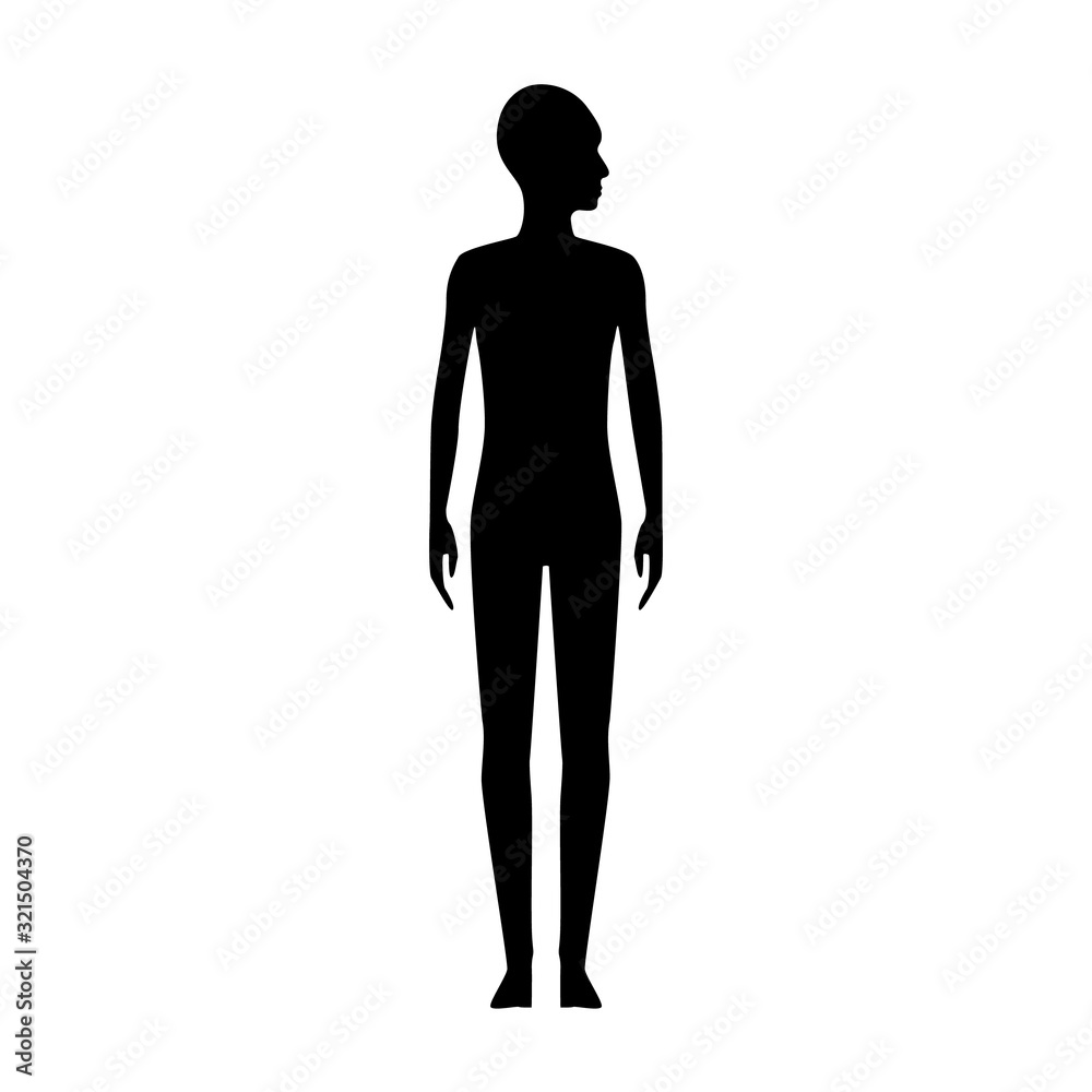 Front view human body silhouette of a teenager with a head turned to side.