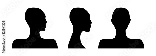 Front and side view silhouette of a female head. Anonymous woman face avatar.