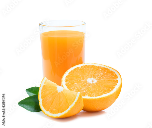 Glass of fresh orange juice with fruits cut half and sliced with green leaf isolated on white background