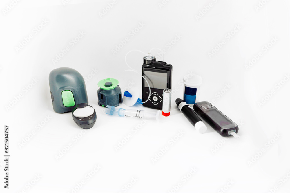 diabetic items on white background used for the diabetes healthcare ...