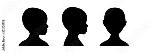 Front and side view silhouette of a toddler head. Anonymous kid face avatar.