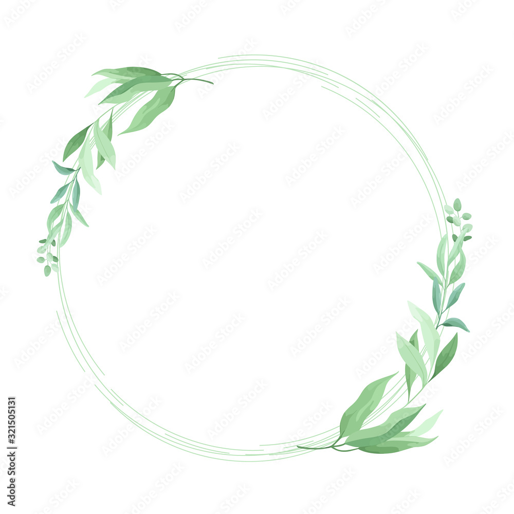 Green leaves round frame template. Floral border. Vector illustration.