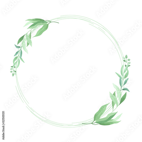 Green leaves round frame template. Floral border. Vector illustration.