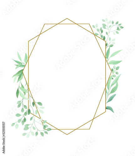 Green leaves geometric frame template. Foliage border. Vector illustration.
