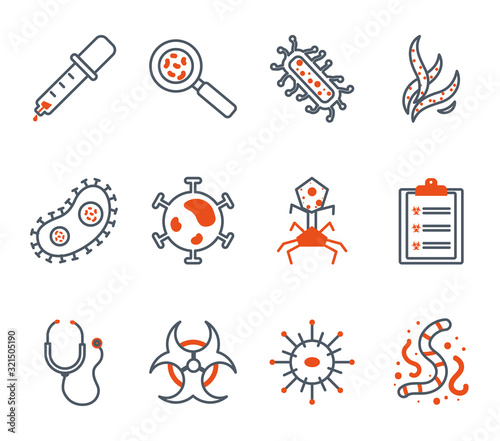 Isolated black and orange virus icon set vector design