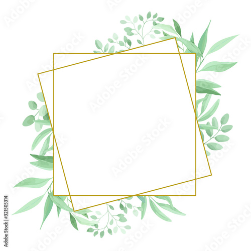 Green leaves geometric frame template. Foliage border. Vector illustration.