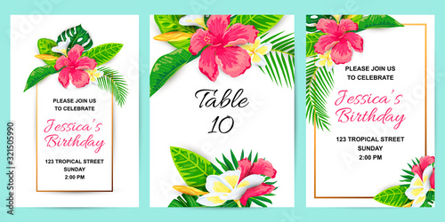 Invitations with tropical flowers, jungle leaves. Vector illustration summer templates. Place for text. Great for wedding, SPA flyer, beauty offer, poster, baby shower, bridal shower, tropical party.