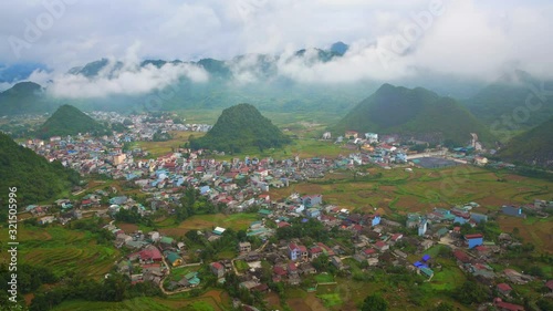 Fairy bosom is located in Tam Son town, Quan Ba District, Ha Giang Province, Vietnam. The colorful the mixture of paddy fields and house roofs. Twin mountain, double mountain, Time lapse., Time-Lapse.