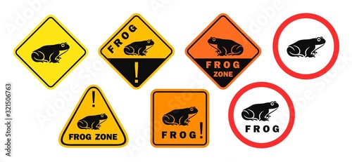 Frog road sign. Isolated frog jumping on white background