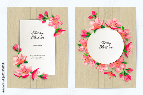 Spring invitations with blossom sakura, cherry flowers. Place for text. Great for oriental ivite, flyer, beauty offer, wedding, bridal shower, poster, baby shower, Mother's and Woman's day. photo