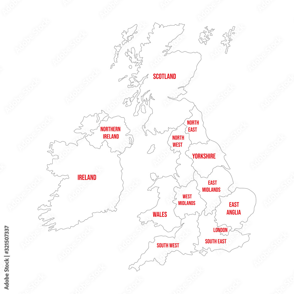 United kingdom with name labels. Political map. Perfect for backgrounds, backdrop, sticker, label, poster, banner, chart and wallpapers.