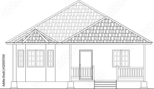 2D CAD drawing of single storey medium size house front elevation. The house floor was designed raise up from the ground. Drawing in black and white. 