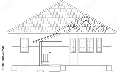 2D CAD drawing of single storey medium size house front elevation. The house floor was designed raise up from the ground. Drawing in black and white. 