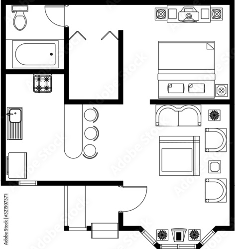 2D CAD drawing of studio type or single bedroom house layout plan complete with bath, kitchen and living room. Drawing in black and white. 