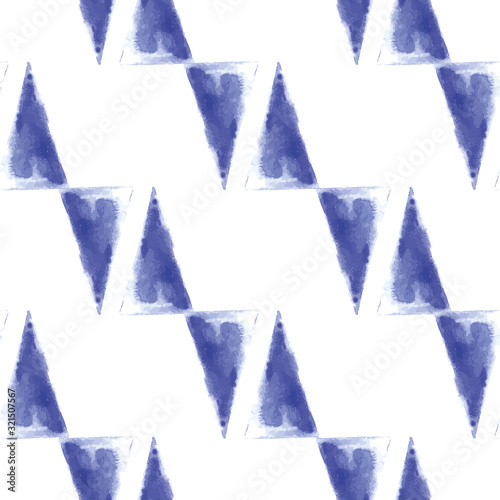 Vector seamless pattern ethnic indigo watercolor with blue triangles and white background.