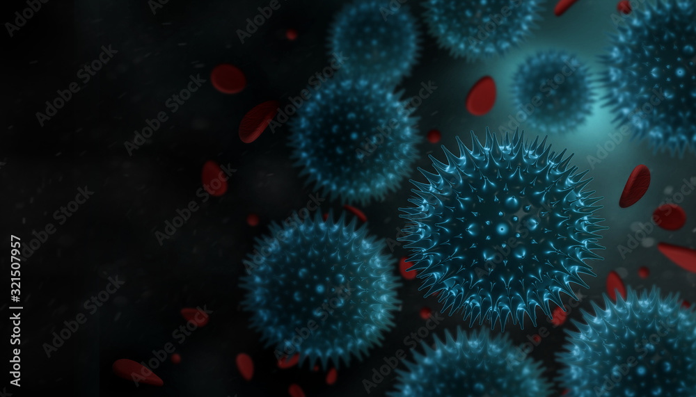 Obraz premium 3d rendered Virus Covid-19 in red Blood Stream cell in black background. Coronavirus concept resposible for asian flu outbreak and coronaviruses influenza as dangerous flu strain cases as a pandemic.