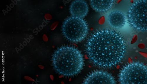 3d rendered Virus Covid-19 in red Blood Stream cell in black background. Coronavirus concept resposible for asian flu outbreak and coronaviruses influenza as dangerous flu strain cases as a pandemic.