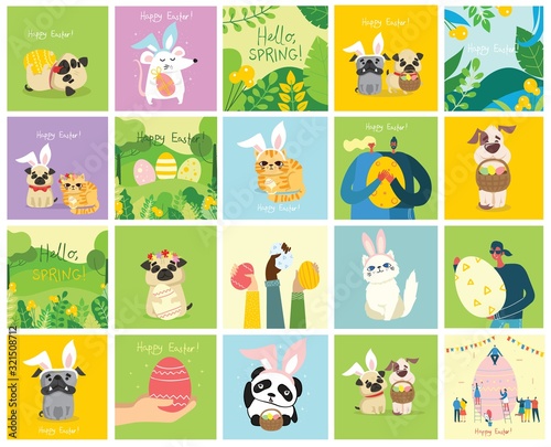 Vector Easter cards with people, cute puppy dog, rat, panda and cat with rabbit ears, spring flower, egg and hand drawn text - Happy Easter in the flat style © virinaflora