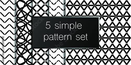 Set of 5 simple ornament vector patterns. Use for ceramic tiles, wallpaper, linoleum, textiles, wrapping paper, web page, kids, postcard. Background or wallpaper black and white colours 