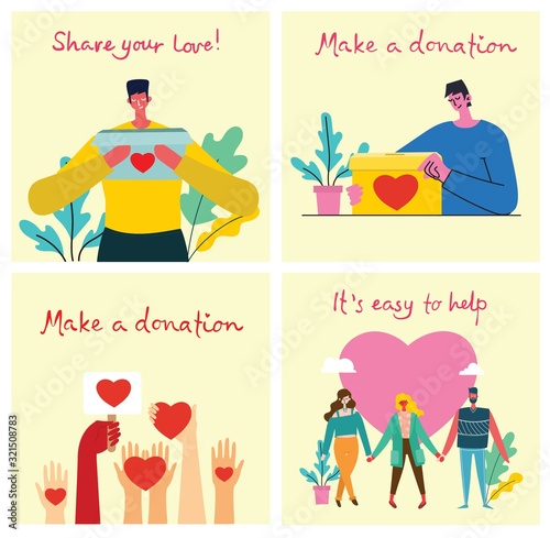 Vector illustration of donation and volunteers work concept illustration set, perfect for banner, mobile app, landing page in the flat style