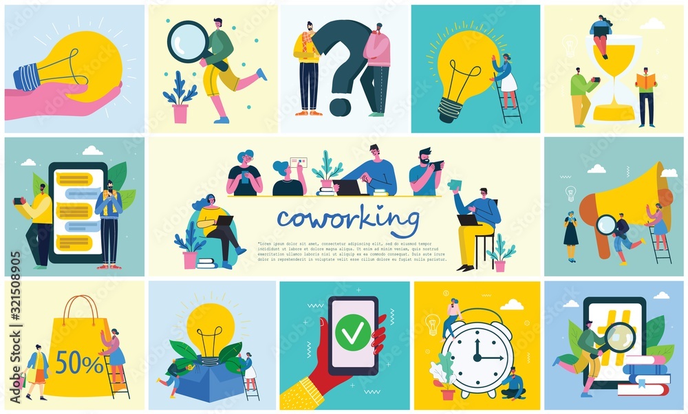 Vector illustration young adult group people meeting, working and talking co working center. Team teamwork togetherness collaboration