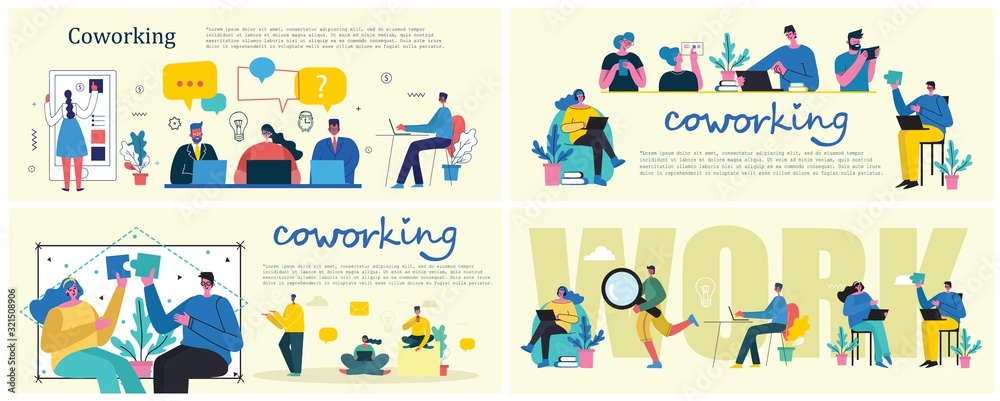 Vector illustration young adult group people meeting, working and talking coworking center. Team teamwork togetherness collaboration concept. Vector illustration young adult group people meeting, working and talking coworking center. Team teamwork togetherness collaboration concept.