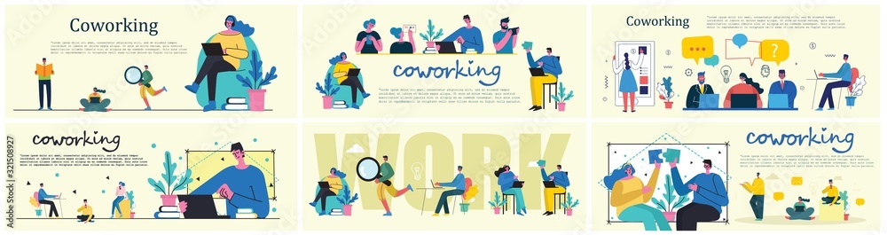 Vector illustration of Connection, Team leader, Online review, Time mamagement, Coworking space, Save the planet, Start up, Team work backgrounds