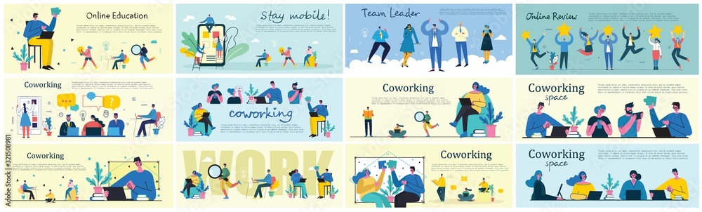 Vector illustration of Connection, Team leader, Online review, Time mamagement, Coworking space, Save the planet, Start up, Team work backgrounds