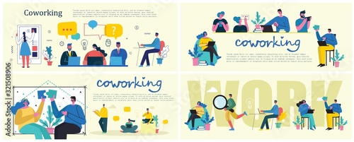 Vector illustration young adult group people meeting, working and talking coworking center. Team teamwork togetherness collaboration concept.