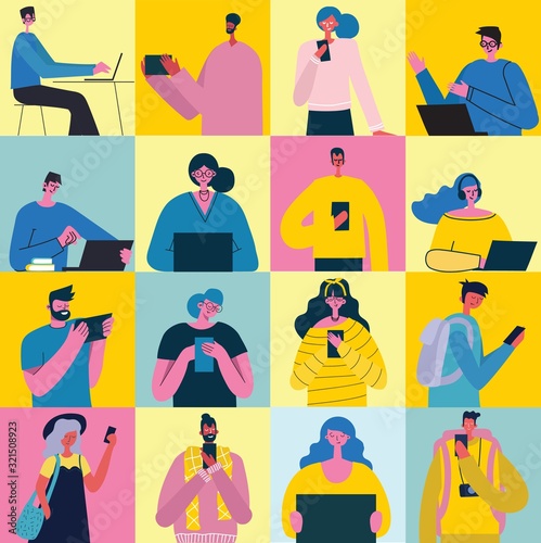 Stay mobile. Connection background with people with laptop and smartphones. Chat, email messaging, sms, mobile concepts for web sites, web banners in modern flat design