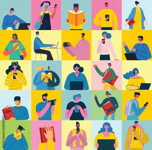 Connection concept of people characters with smartphones and books. Chat, email messaging, sms, mobile concepts for web sites, web banners in modern flat design