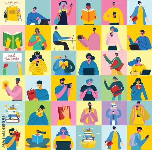 Connection concept backgrounds with people with smartphones and books. Chat, email messaging, sms, mobile concepts for web sites, web banners in modern flat design