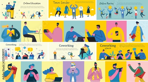 Vector illustration young adult group people meeting, working and talking co working center. Team teamwork togetherness collaboration