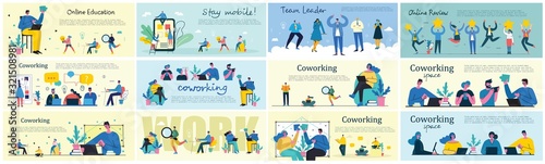 Vector illustration of Connection, Team leader, Online review, Time mamagement, Coworking space, Save the planet, Start up, Team work backgrounds