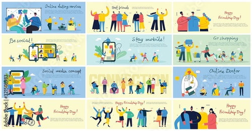 Vector illustration of Connection, Team leader, Online review, Time mamagement, Coworking space, Save the planet, Start up, Team work backgrounds