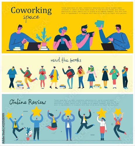 Vector illustration young adult group people meeting, working and talking co working center. Team teamwork togetherness collaboration