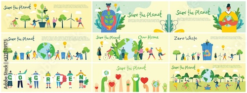 Vector illustration ECO backgrounds of Concept of green eco energy and quote Save the planet. Landscape, forest, hills and trees with wind turbines in flat geometric style
