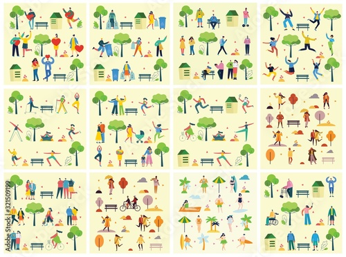 Vector illustration backgrounds in flat design of group peopledoing different activities outdoor in the park on weekend