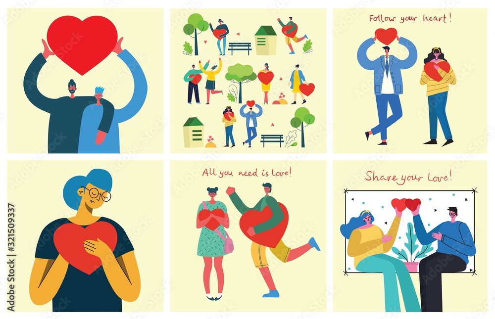 Happy Valentine's Day. People with hearts as love massages. Vector illustration for Valentine's day in the modern flat style Happy Valentine's Day. People with hearts as love massages. Vector illustration for Valentine's day in the modern flat style