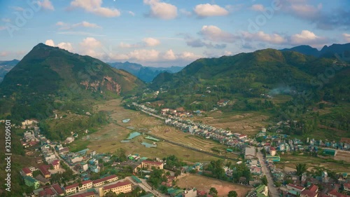 Dong Van Village, Vietnam - UNESCO Geopark, view point from Dao Cao trekking path. Panning. , Lockdown, Time-Lapse.