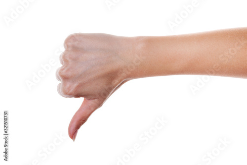 Woman hand shows thumb up gesture isolated on white