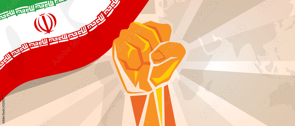 Hand fist people strong symbol of fight patriotic movement of Iranian people. Iran flag
