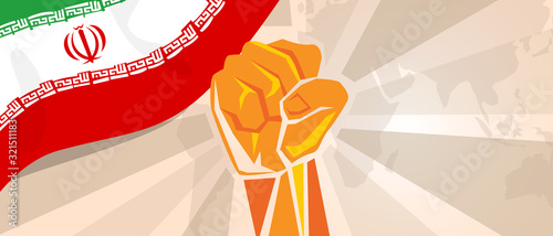 Hand fist people strong symbol of fight patriotic movement of Iranian people. Iran flag
