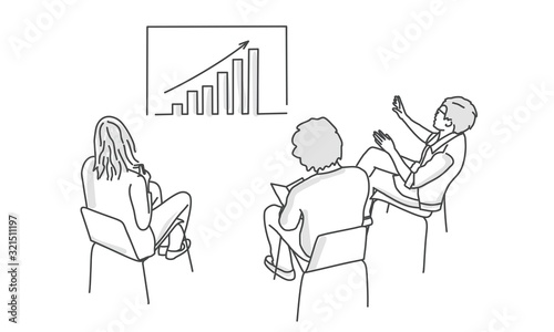 Group of business people analyzing data using an office board. Line drawing vector illustration.