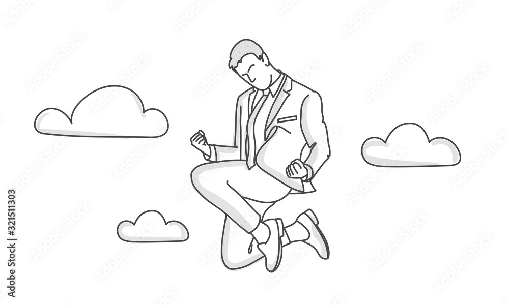 Successful businessman jumping in the clouds. Line drawing vector illustration.