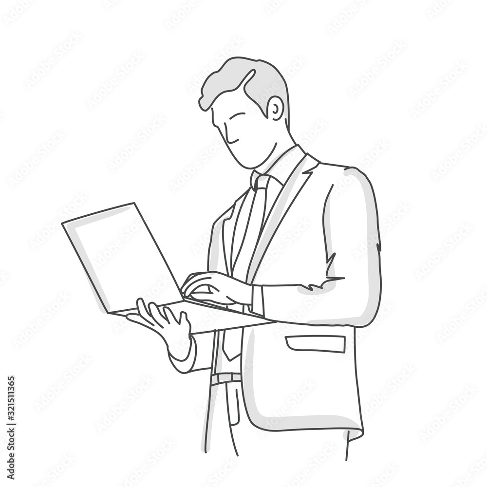 Businessman uses a laptop while standing. Line drawing vector illustration.