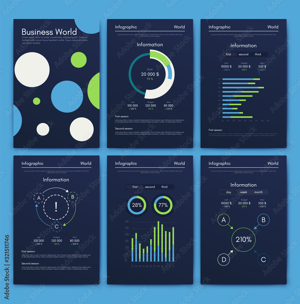 Fototapeta premium Modern infographic vector elements for business brochures. Use in website, corporate brochure, advertising and marketing. Pie charts, line graphs, bar graphs and timelines.