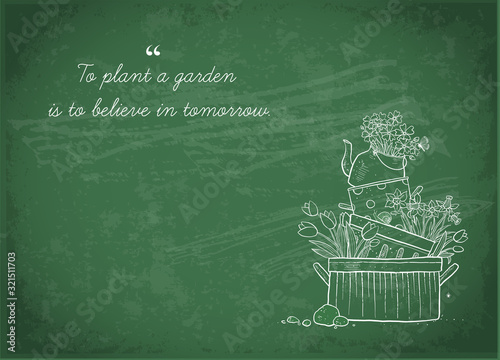 Flower bed made of old cooking pots and kettle. Doodle garden decoration on blackboard background.