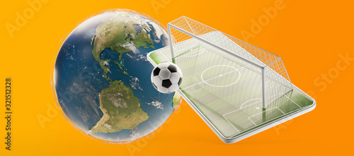 Fototapeta Naklejka Na Ścianę i Meble -  mobile phone soccer field and soccer goal and ball 3d-illustration.elements of this image furnished by NASA